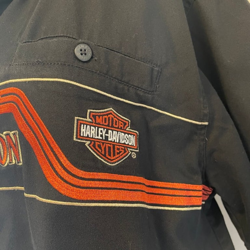 Harley‎ Davidson Black Garage Motorcycle Button Down Orange Embroidered Men's L